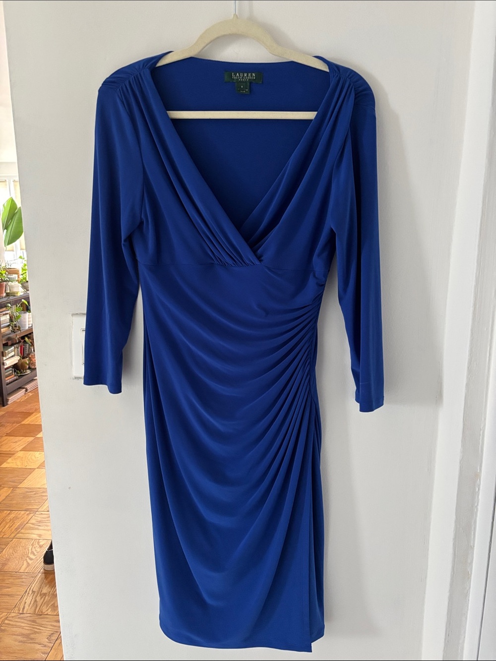 Lauren Ralph Lauren Royal Blue Ruched Faux Wrap Sheath Dress 3/4 Sleeve Size 8
